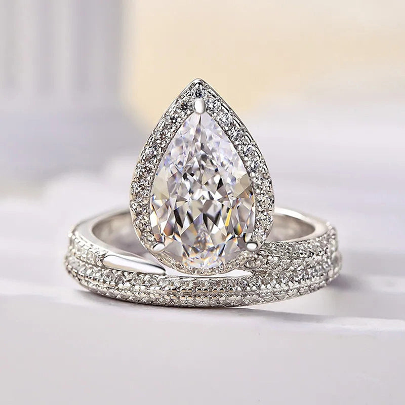 Pear Cut Halo Diamond Ring Set 925 Sterling Silver Bridal Engagement & Wedding Band