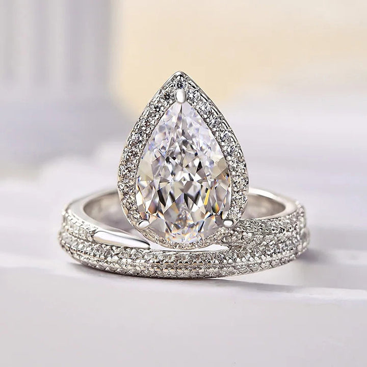 Pear Cut Halo Diamond Ring Set 925 Sterling Silver Bridal Engagement & Wedding Band