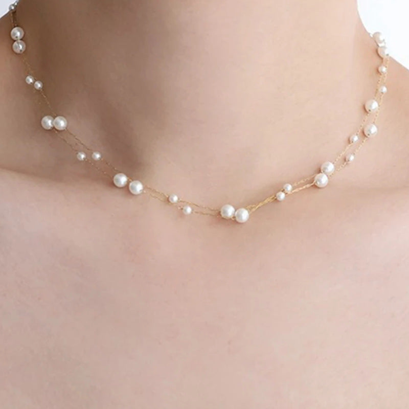 Double Layer Floating Pearl Choker Necklace S925 Sterling Silver