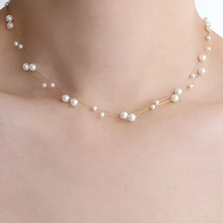 Double Layer Floating Pearl Choker Necklace S925 Sterling Silver