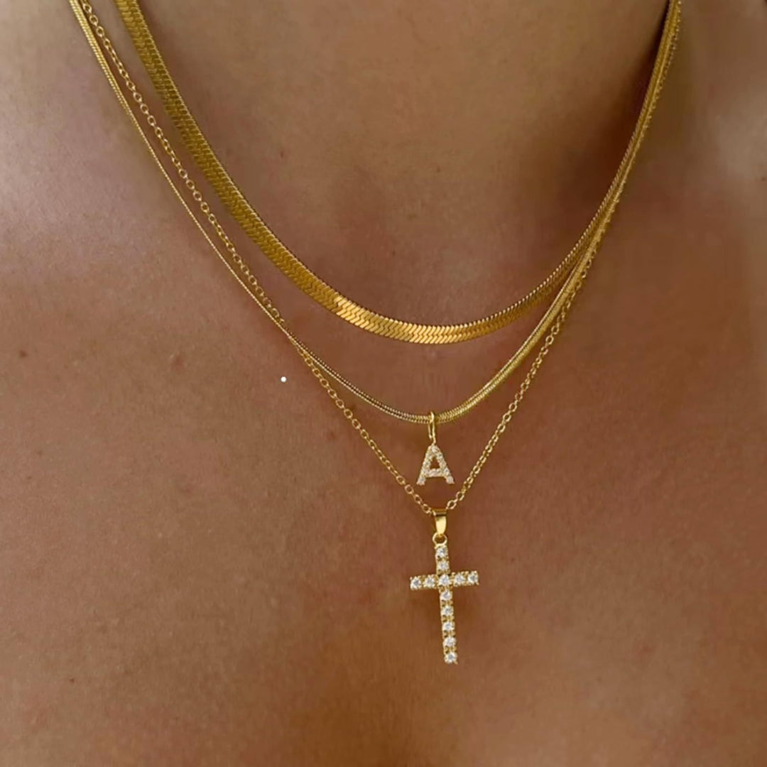 S925 Silver Layered Initial & Cross Pendant Necklace Set 26 Letters Diamond Snake Chain Necklace for Women
