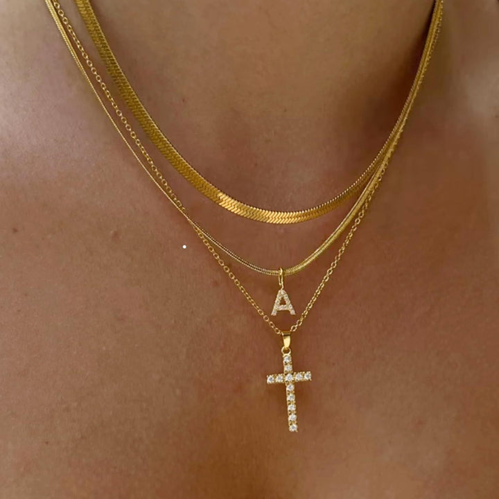 S925 Silver Layered Initial & Cross Pendant Necklace Set 26 Letters Diamond Snake Chain Necklace for Women