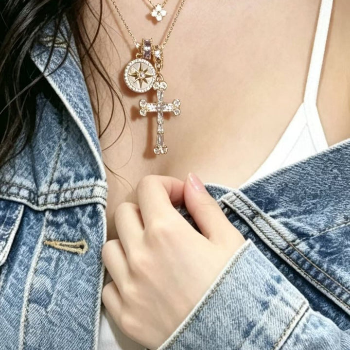 Mother-of-Pearl Compass Pendant Layered Statement Necklace