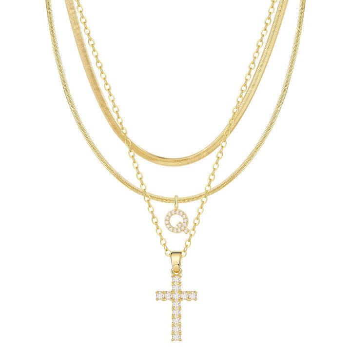 S925 Silver Layered Initial & Cross Pendant Necklace Set 26 Letters Diamond Snake Chain Necklace for Women