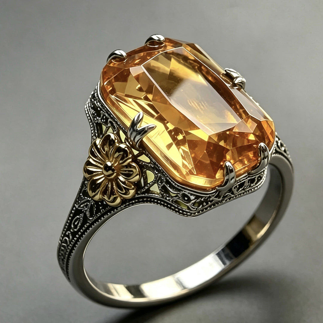 Vintage Emerald Cut Gemstone Flower Ring Women Art Deco Filigree Two Tone Statement Ring