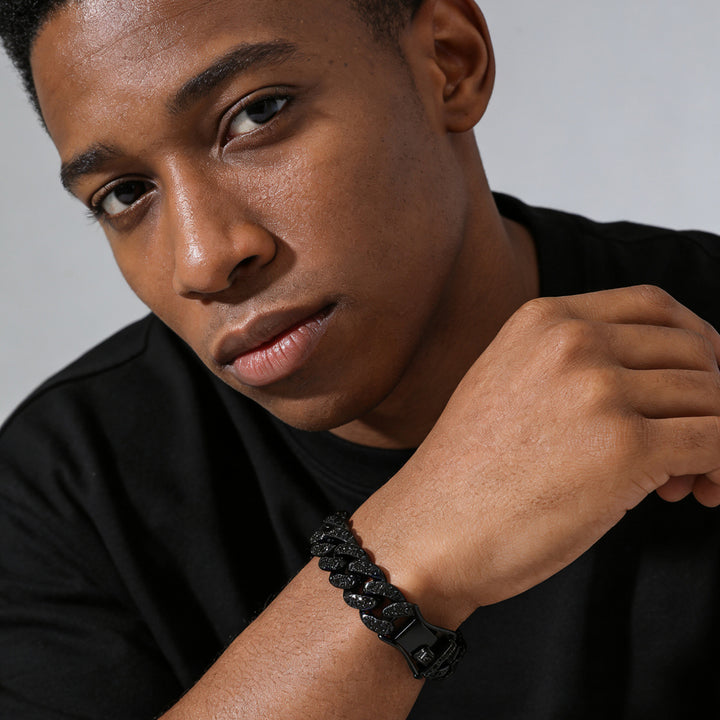Black Iced Out Cuban Link Chain Bracelet Necklace Set Chunky Miami Curb Chain Hip Hop Statement Jewelry For Men Unisex