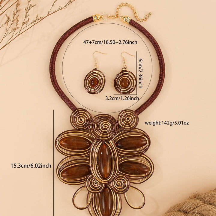 Vintage Wrapped Brown Gemstone Floral Necklace Earring Set Ethnic Heavy Craft Artistic Women Jewelry Set