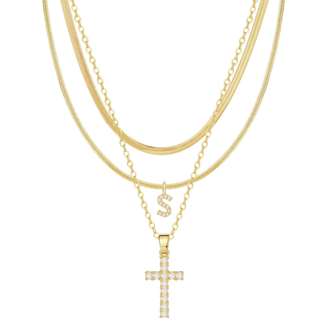 S925 Silver Layered Initial & Cross Pendant Necklace Set 26 Letters Diamond Snake Chain Necklace for Women