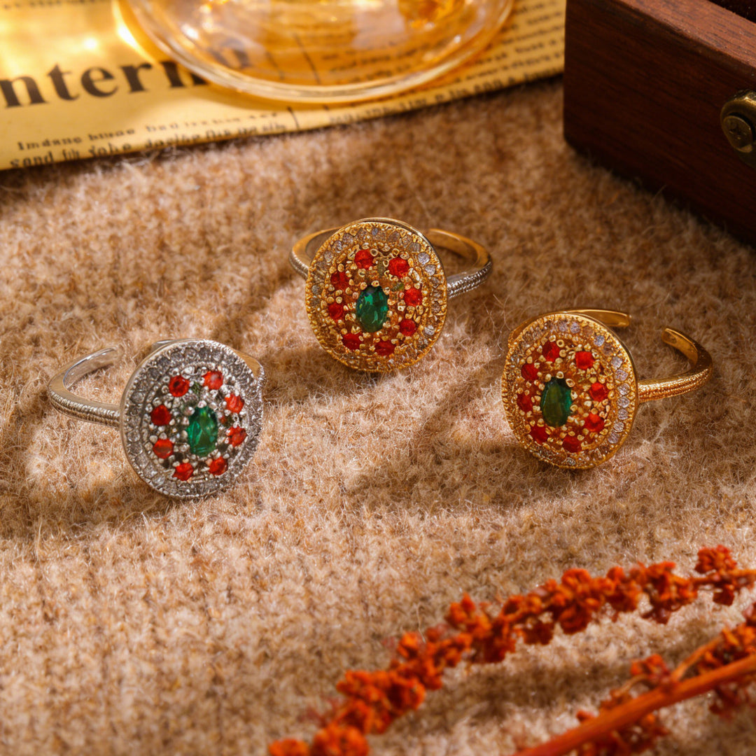 Vintage Round Gemstone Jewelry Open Adjustable Ring For Women Inlaid Diamond Statement Cocktail Ring