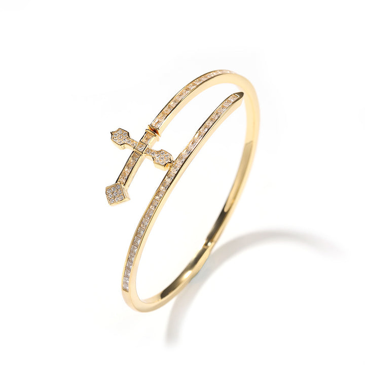 Minimalist Cross Cubic Diamond Open Bangle Bracelet