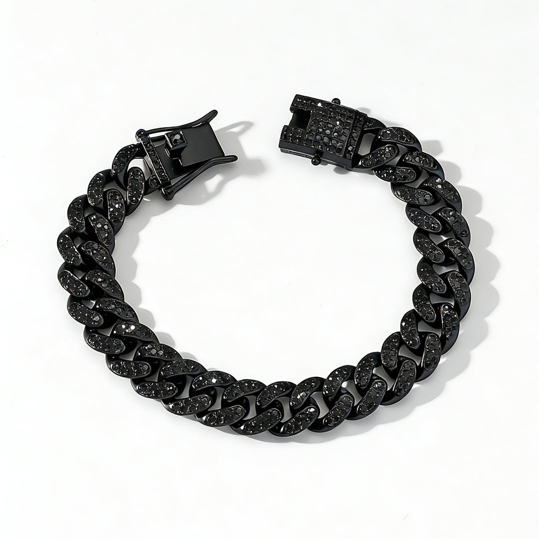 Black Iced Out Cuban Link Chain Bracelet Necklace Set Chunky Miami Curb Chain Hip Hop Statement Jewelry For Men Unisex