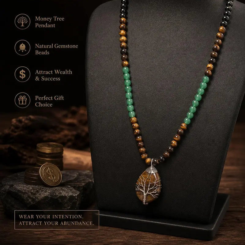 Tree Of Life Natural Gemstone Beaded Necklace Unisex Wealth Prosperity Statement Jewelry