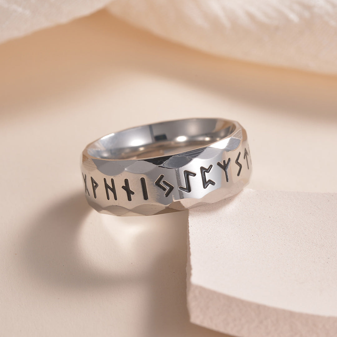 Unisex Nordic Rune Hammered Textured Ring Vintage Engraved Wide Band