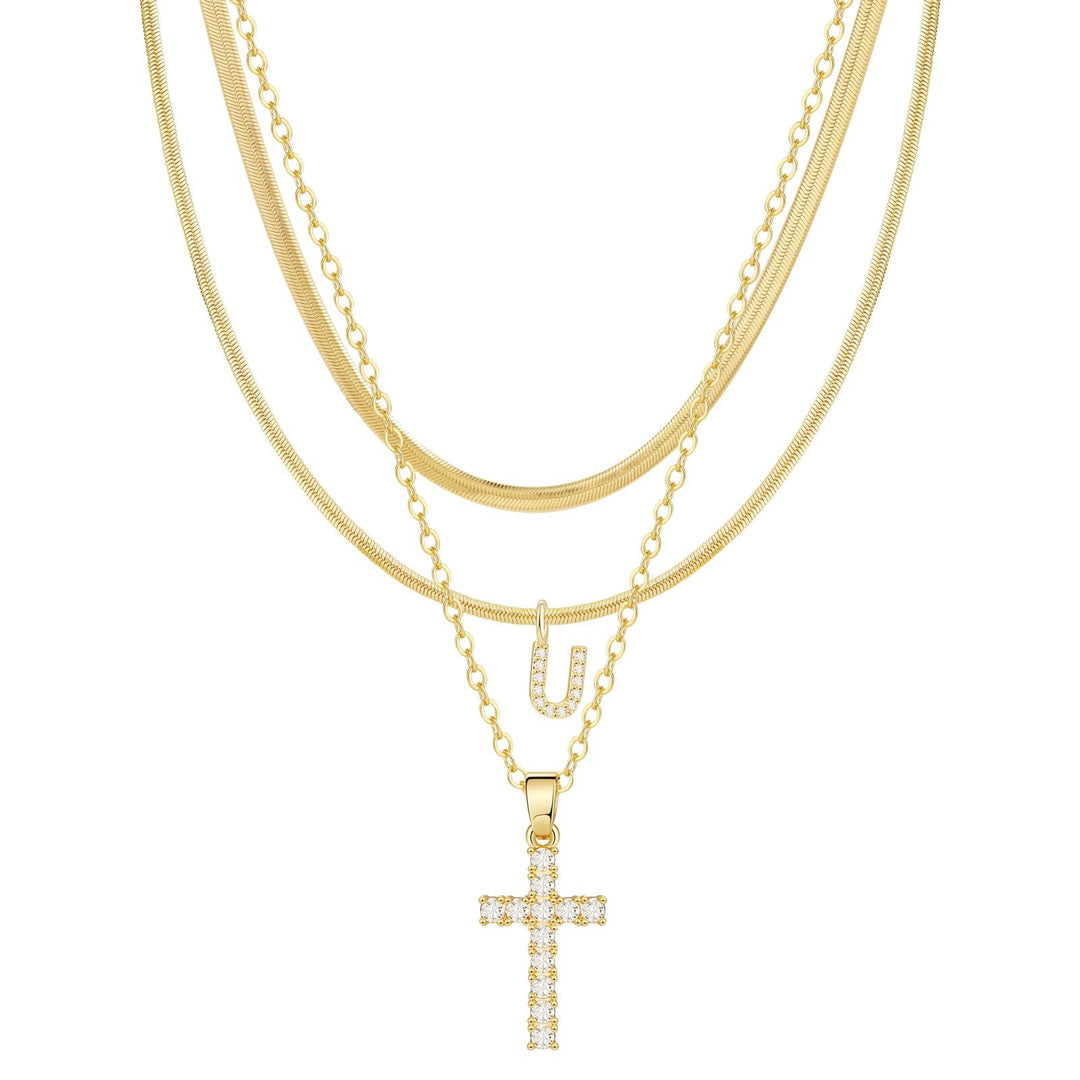 S925 Silver Layered Initial & Cross Pendant Necklace Set 26 Letters Diamond Snake Chain Necklace for Women