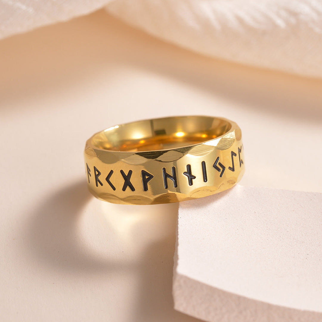 Unisex Nordic Rune Hammered Textured Ring Vintage Engraved Wide Band