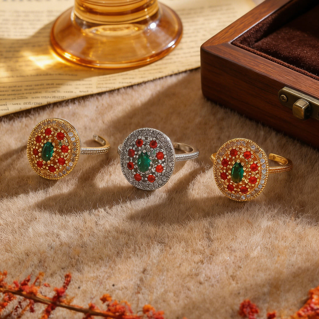 Vintage Round Gemstone Jewelry Open Adjustable Ring For Women Inlaid Diamond Statement Cocktail Ring