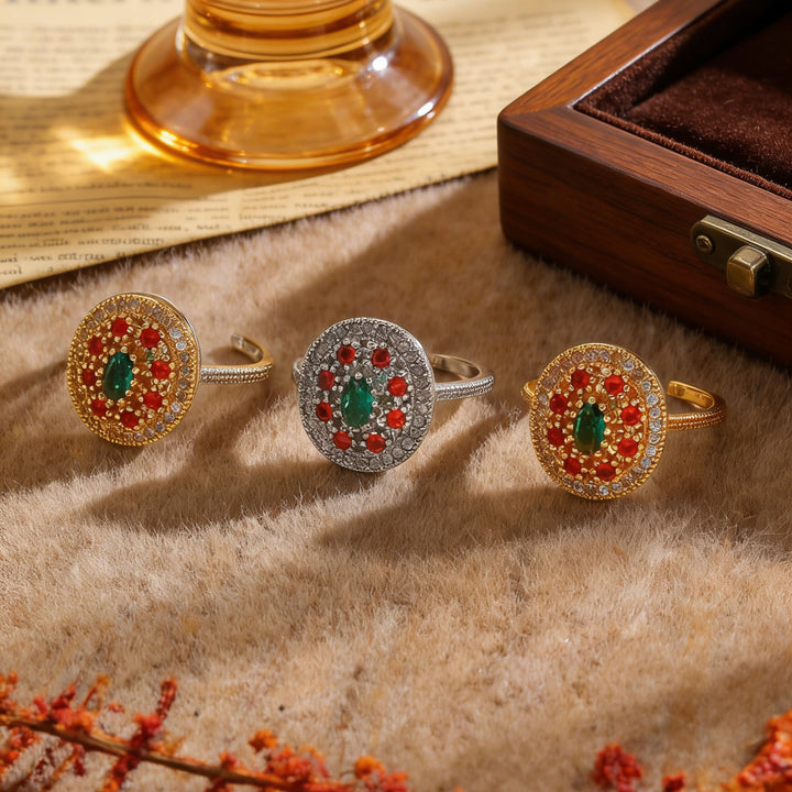 Vintage Round Gemstone Jewelry Open Adjustable Ring For Women Inlaid Diamond Statement Cocktail Ring