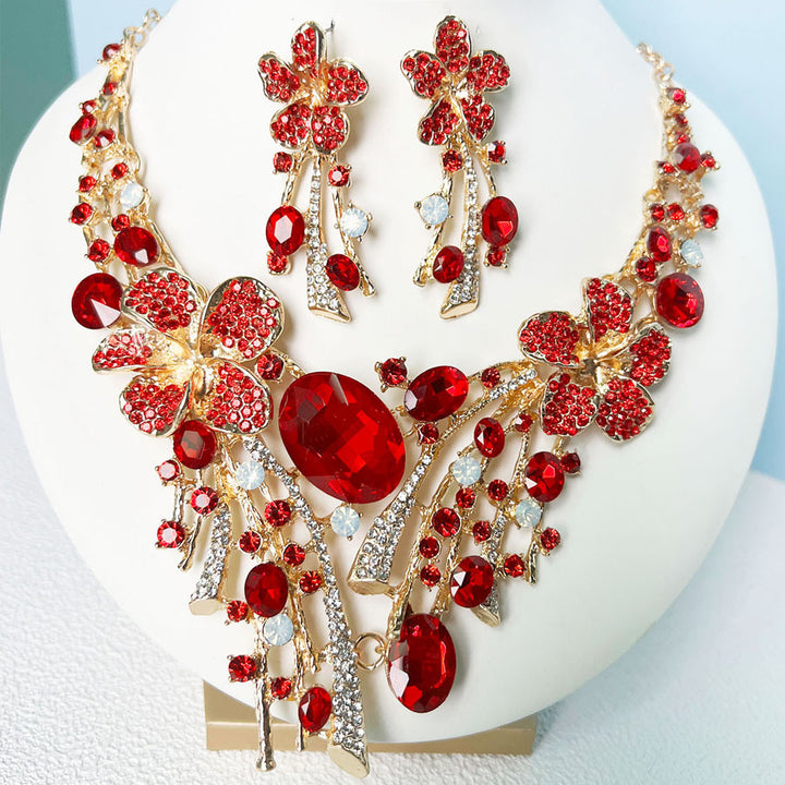 Ruby Flower Jewelry Set Women Necklace Earrings Gold Red Diamond Luxury Bridal Gift