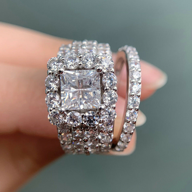 Halo Diamond Ring Set Women Stackable Wedding Band Bridal Promise Statement Engagement Two Piece Jewelry