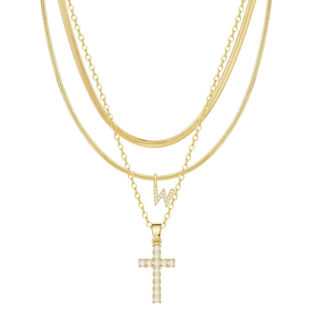 S925 Silver Layered Initial & Cross Pendant Necklace Set 26 Letters Diamond Snake Chain Necklace for Women