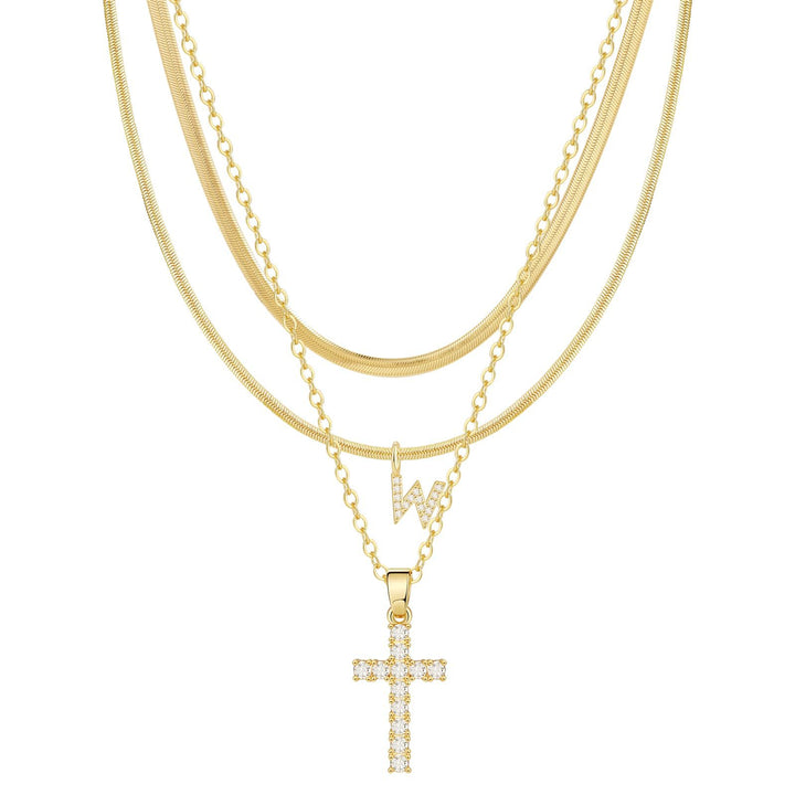 S925 Silver Layered Initial & Cross Pendant Necklace Set 26 Letters Diamond Snake Chain Necklace for Women