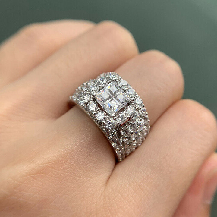 Halo Diamond Ring Set Women Stackable Wedding Band Bridal Promise Statement Engagement Two Piece Jewelry