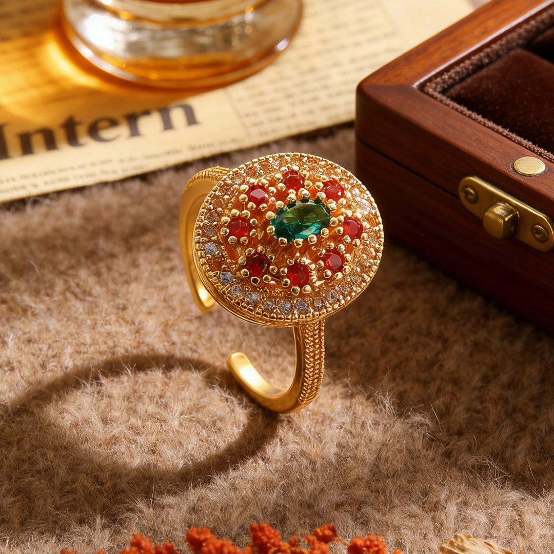 Vintage Round Gemstone Jewelry Open Adjustable Ring For Women Inlaid Diamond Statement Cocktail Ring