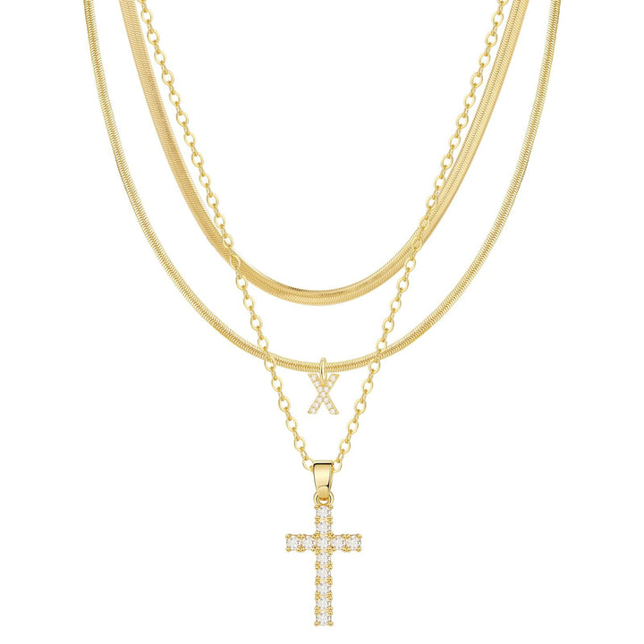 S925 Silver Layered Initial & Cross Pendant Necklace Set 26 Letters Diamond Snake Chain Necklace for Women