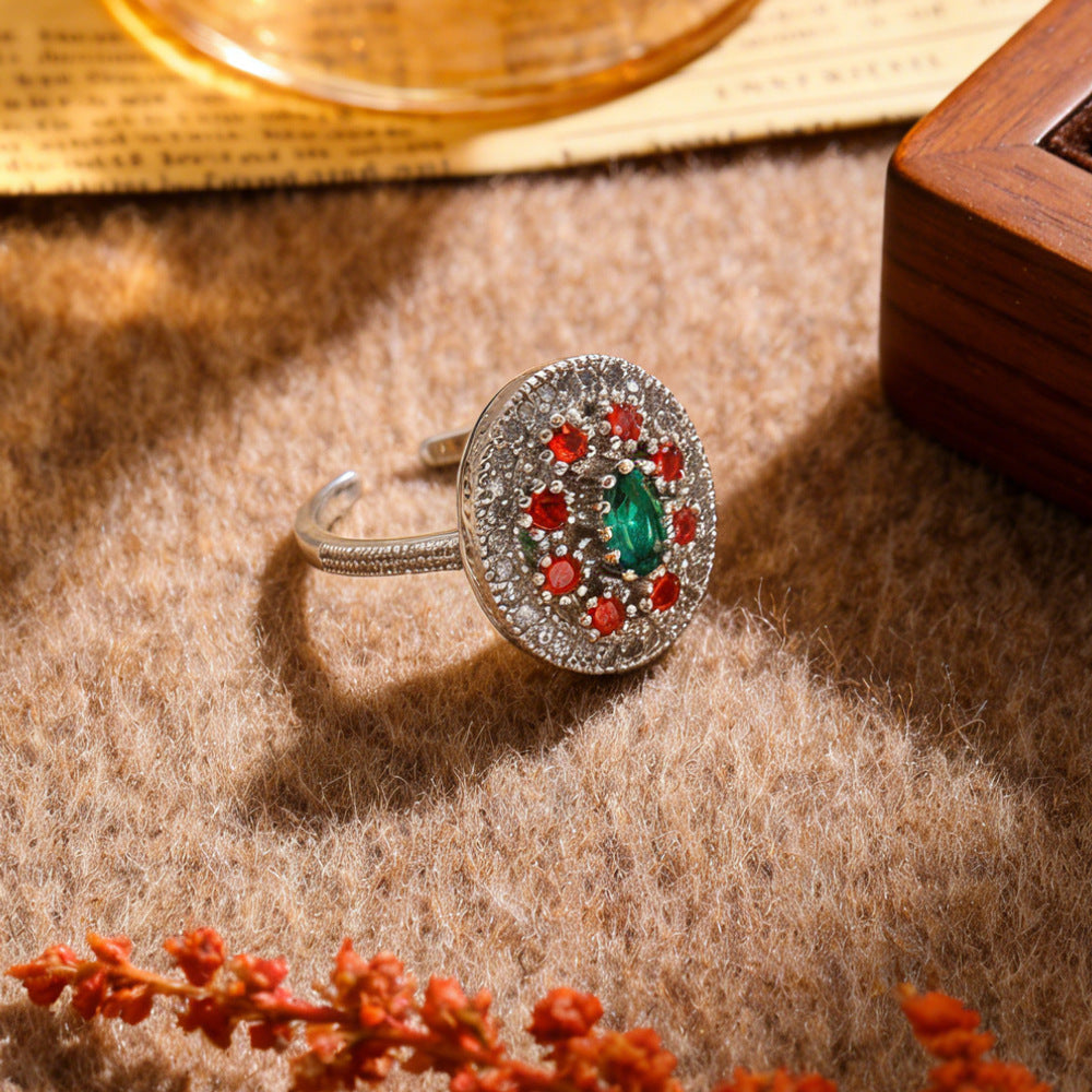 Vintage Round Gemstone Jewelry Open Adjustable Ring For Women Inlaid Diamond Statement Cocktail Ring