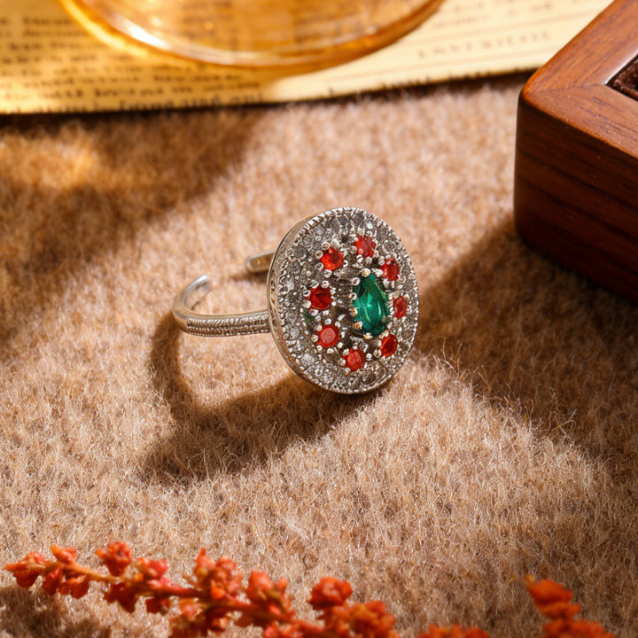 Vintage Round Gemstone Jewelry Open Adjustable Ring For Women Inlaid Diamond Statement Cocktail Ring