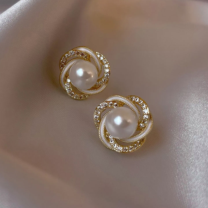 14K Gold Plated Spiral Natural Pearl Diamond Stud Earrings With S925 Sterling Silver Posts