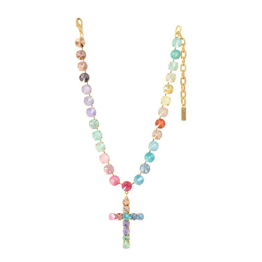 Pastel Rainbow Cross Tennis Necklace Women Colorful Crystal Gold Statement Jewelry Gift