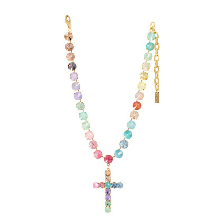 Pastel Rainbow Cross Tennis Necklace Women Colorful Crystal Gold Statement Jewelry Gift