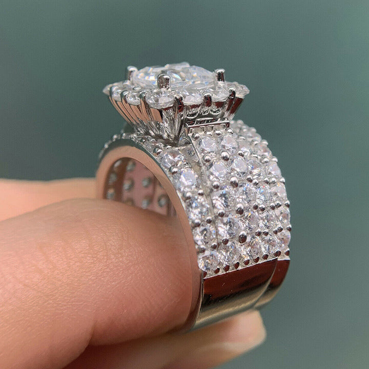 Halo Diamond Ring Set Women Stackable Wedding Band Bridal Promise Statement Engagement Two Piece Jewelry