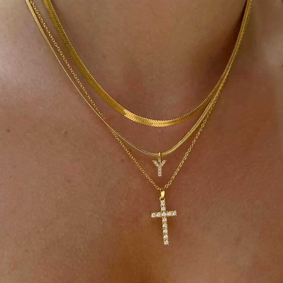 S925 Silver Layered Initial & Cross Pendant Necklace Set 26 Letters Diamond Snake Chain Necklace for Women