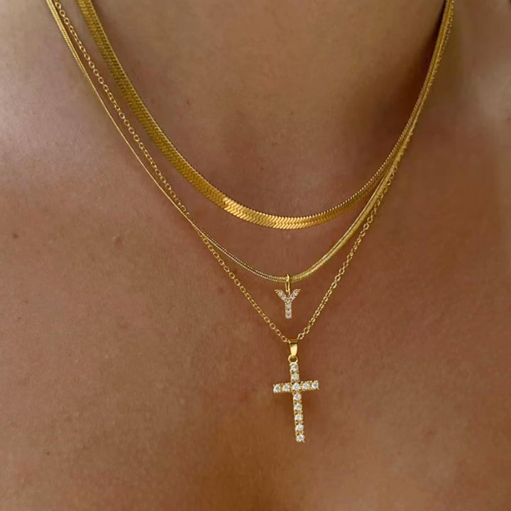 S925 Silver Layered Initial & Cross Pendant Necklace Set 26 Letters Diamond Snake Chain Necklace for Women