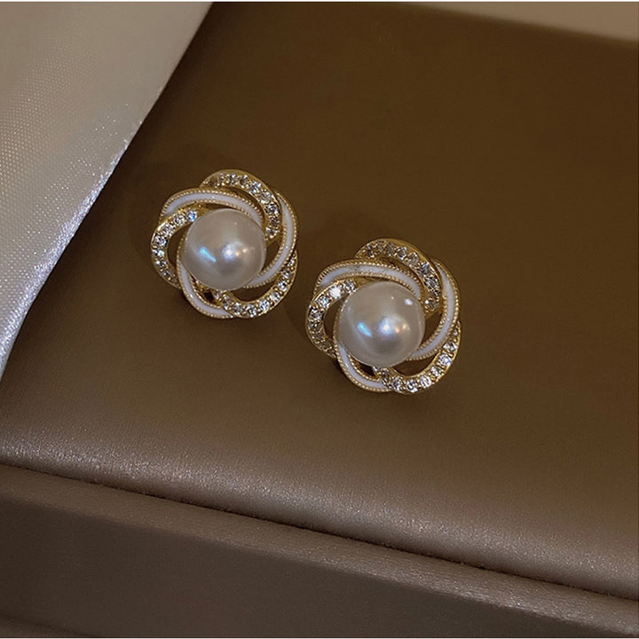 14K Gold Plated Spiral Natural Pearl Diamond Stud Earrings With S925 Sterling Silver Posts