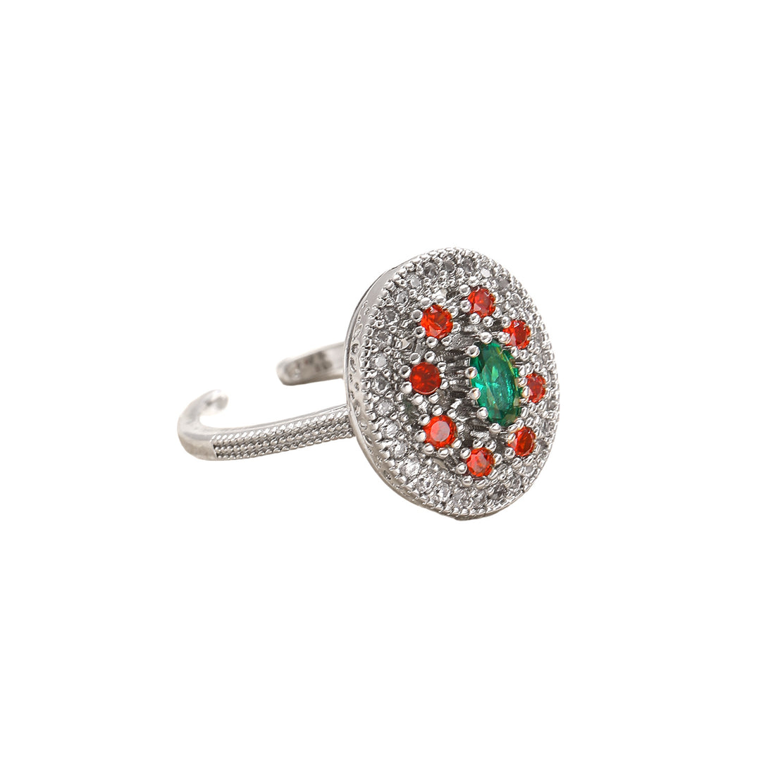 Vintage Round Gemstone Jewelry Open Adjustable Ring For Women Inlaid Diamond Statement Cocktail Ring