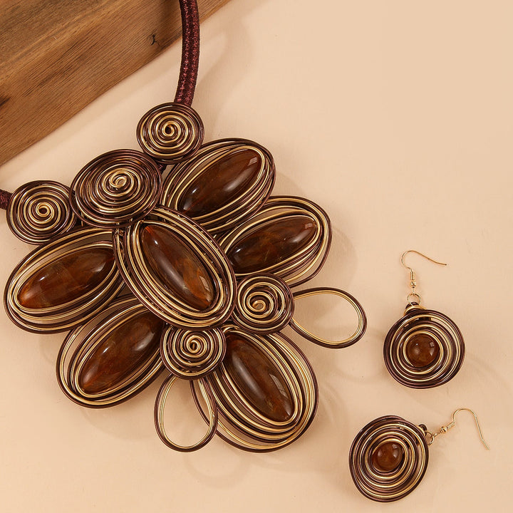 Vintage Wrapped Brown Gemstone Floral Necklace Earring Set Ethnic Heavy Craft Artistic Women Jewelry Set