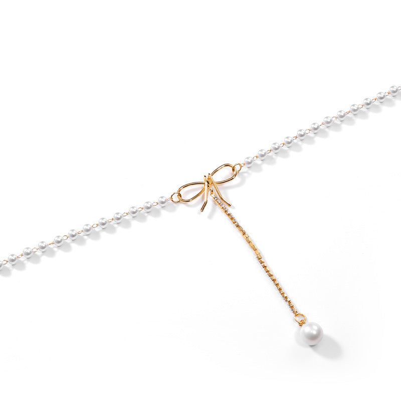 Bow Pearl Choker Necklace, Delicate Tassel Pearl Pendant Minimalist Clavicle Chain for Women