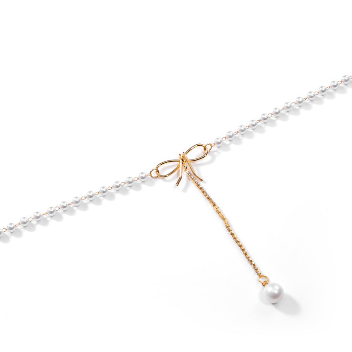 Bow Pearl Choker Necklace, Delicate Tassel Pearl Pendant Minimalist Clavicle Chain for Women