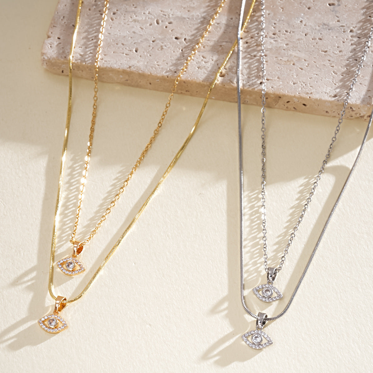 Layered Evil Eye Necklace for Women, Dainty Paved Diamond Clavicle Chain, Stainless Steel Non-fading Protection Pendant