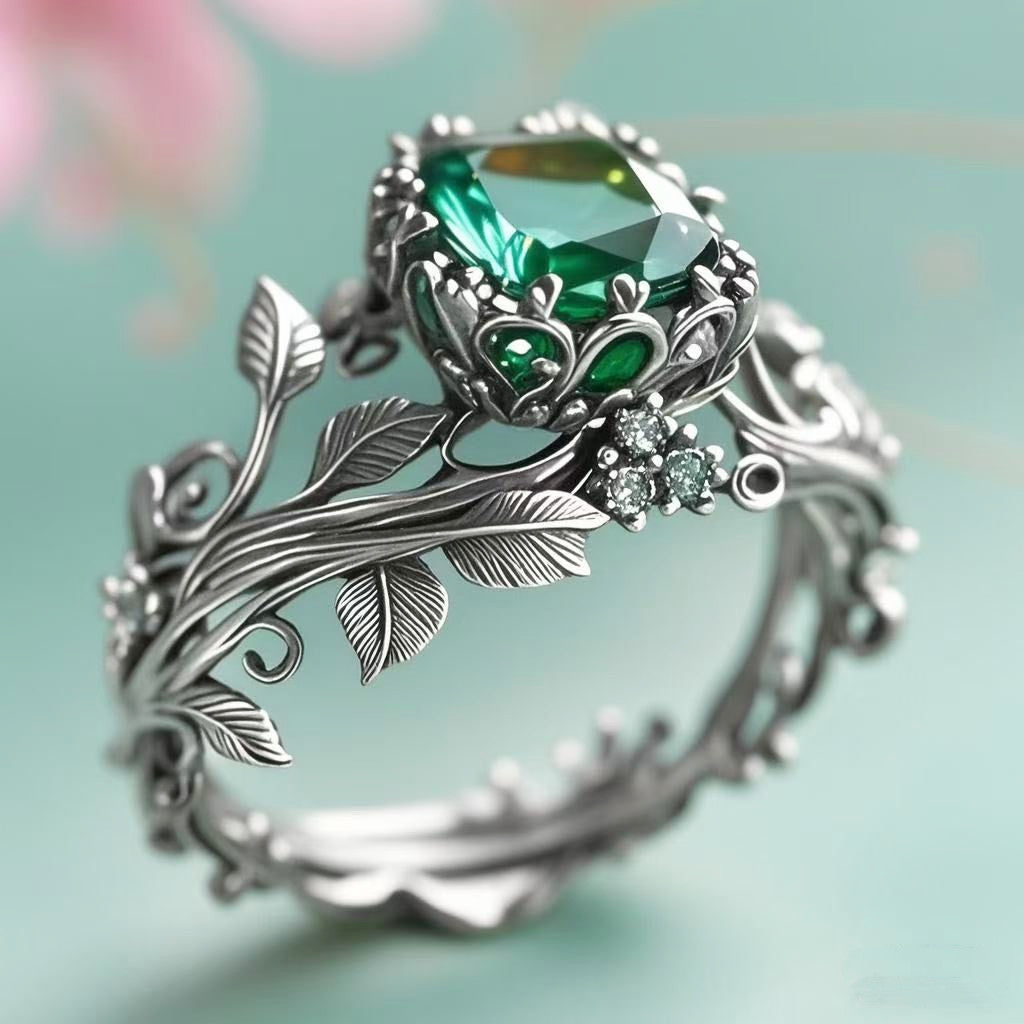 Vintage Leaf Vine Emerald Ring