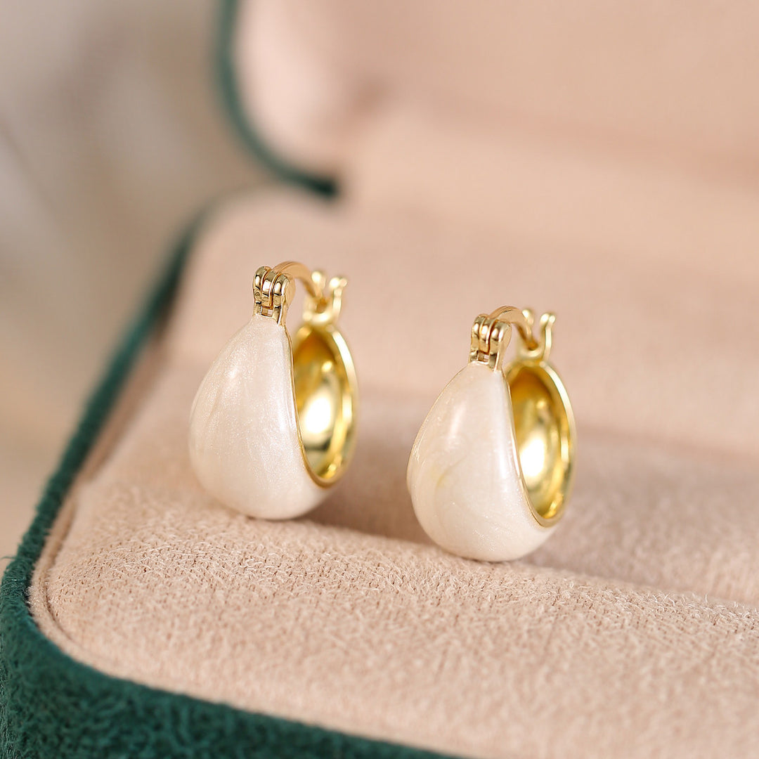 Cream Enamel Teardrop Hoop Earrings Sterling Silver Post