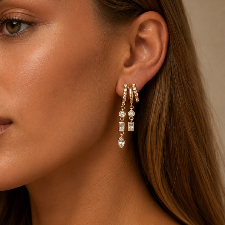 Layered C-Shaped Drop Earrings - Geometric Diamond Chandelier Earrings for Women