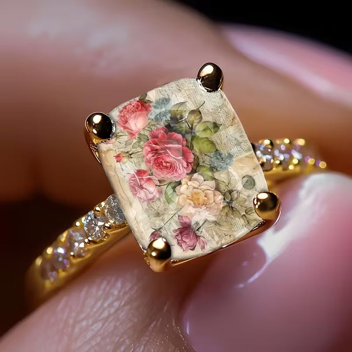 Vintage Rose Floral Cushion Cut Ring