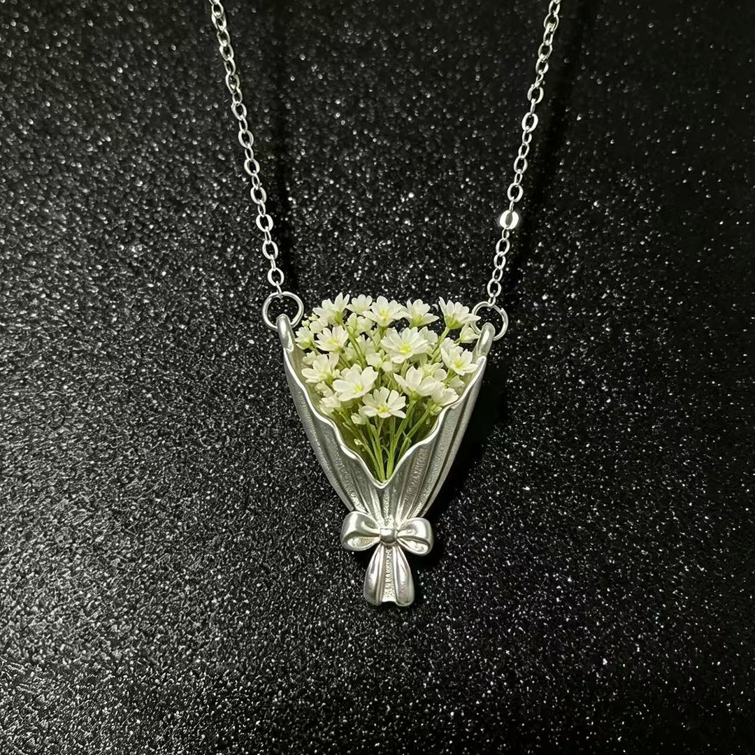 Romantic Flower Bouquet Necklace For Women DIY Dried Flower Pendant