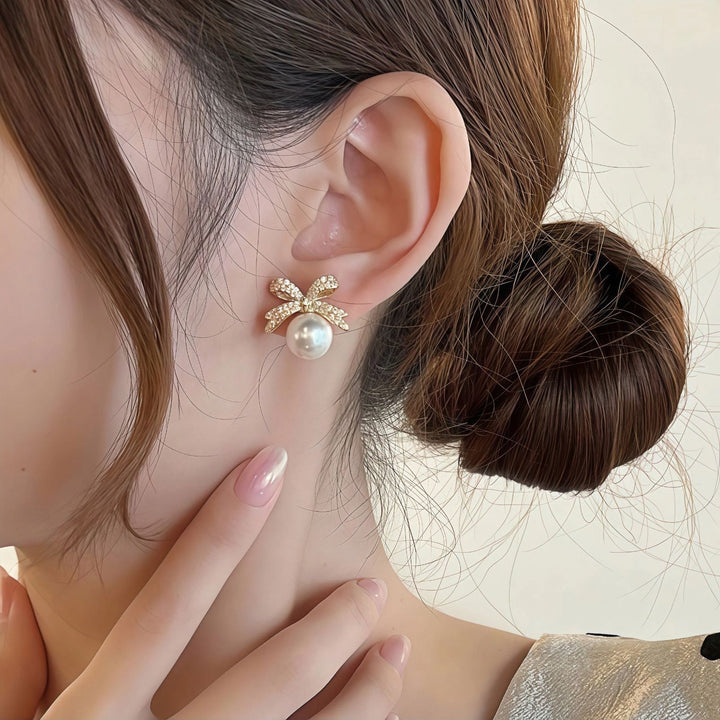 Crystal Bow Pearl Stud Earrings Sterling Silver