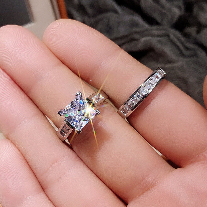 S925 Sterling Silver Princess Cut Diamond Two Piece Bridal Ring Set For Women