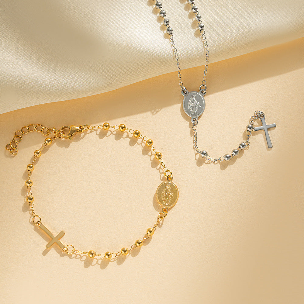 Cross & Medal Beaded Bracelet in 14K Gold